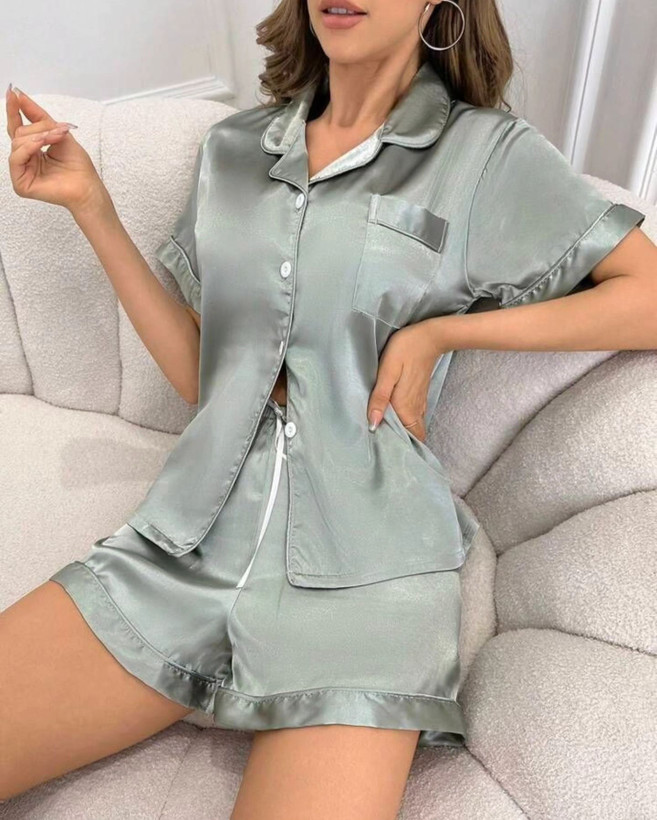 ست دو تیکه بلوز و شورتک راحتی زنانه پارچه ساتن ابریشمی