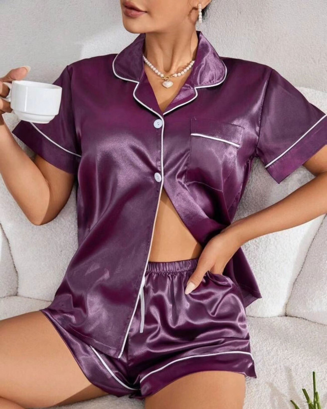 ست دو تیکه بلوز و شورتک راحتی زنانه پارچه ساتن ابریشمی